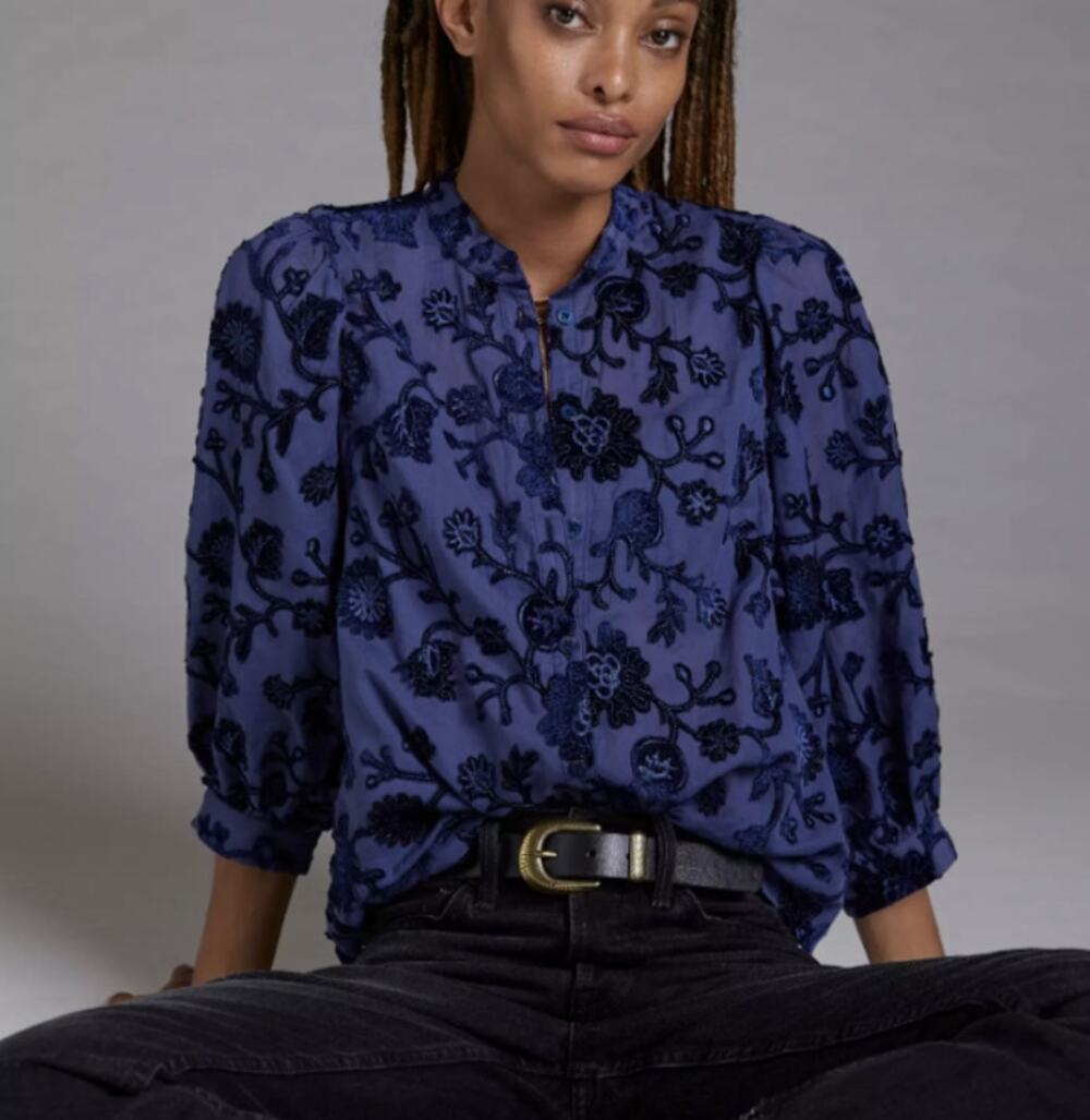 Anthropologie Pilcro Velvet Appliqué Button Down Blouse Blue Large NWT